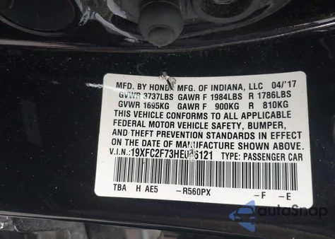 2017 Honda Civic Ex from USA, damaged, VIN 19XFC2F73HE046121